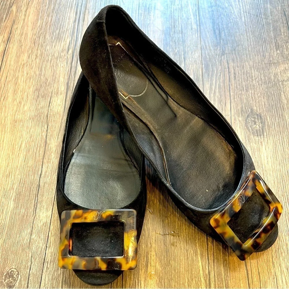 Roger Vivier Black Suede Tortoiseshell Buckle Ballerina Flats Shoes Holidays 6